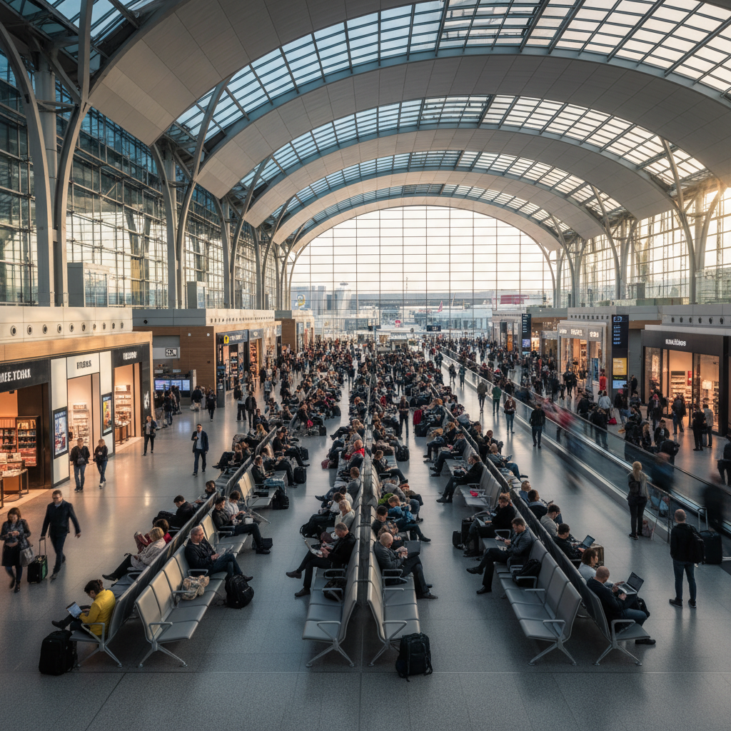 Pessoas em um aeroporto amplo usando dispositivos móveis para gerar métricas de wi-fi marketing em tempo real.