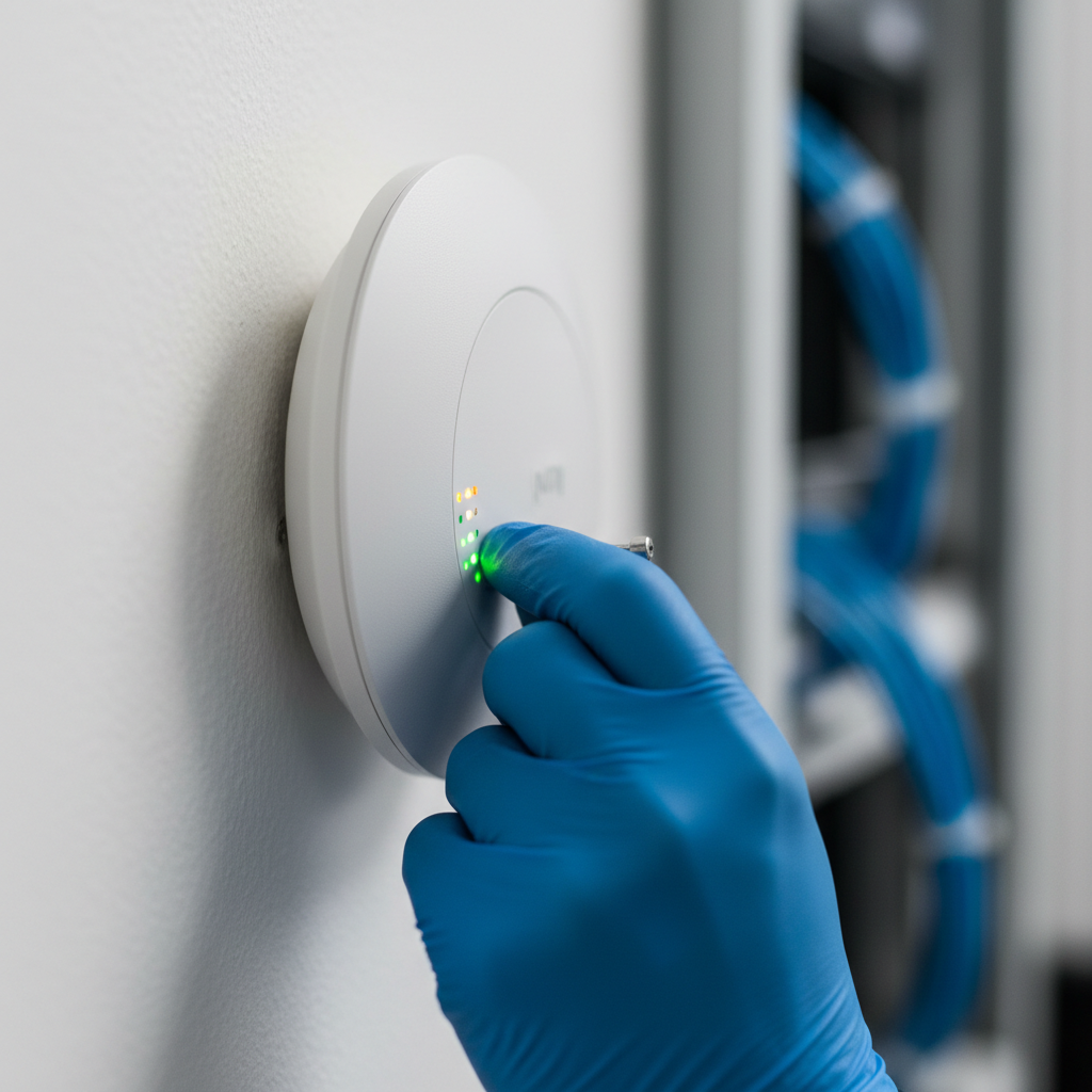 Detalhe de um roteador corporativo de alta performance sendo configurado com wi-fi analytics para empresas em foco.