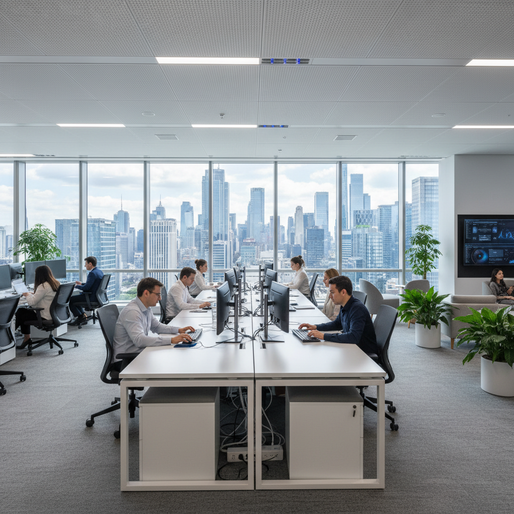 Escritório amplo com profissionais trabalhando em ambiente tecnológico ideal para aplicar wi-fi analytics para empresas.