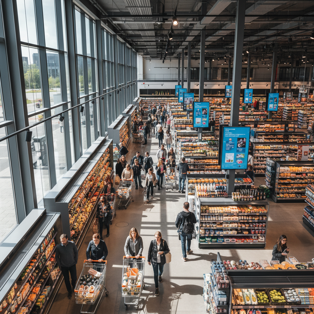Vista panorâmica de supermercado movimentado analisando o comportamento do consumidor no ponto de venda e fluxo de clientes.
