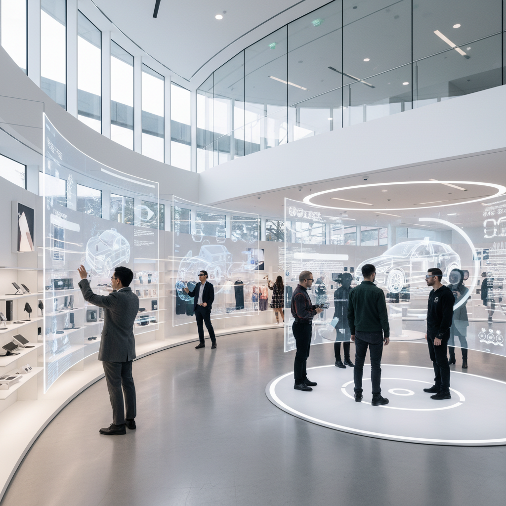 Integração entre experiência física e digital com ROI real 3 Pessoas em um amplo showroom moderno vivenciando a integração entre experiência física e digital com telas e prateleiras.
