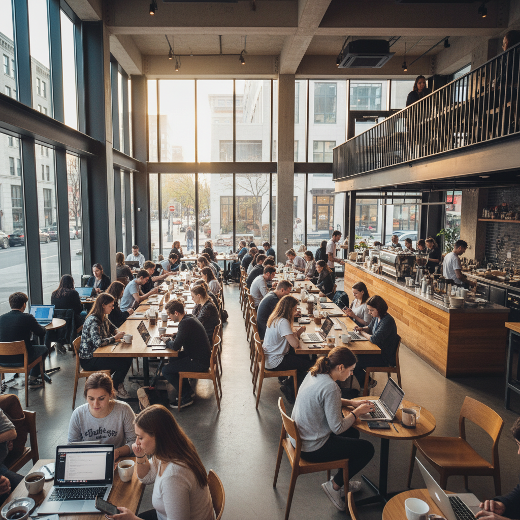 Recorrência de clientes com Wi-Fi marketing: 5 alavancas 3 Vista ampla de cafeteria moderna com clientes usando internet para ilustrar a recorrência de clientes com wi-fi marketing.