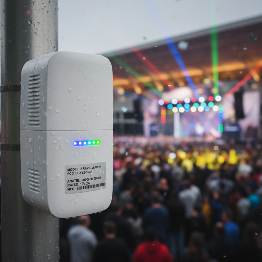 Detalhe em close de um roteador profissional instalado em evento garantindo conexão de wi-fi público de alta qualidade.