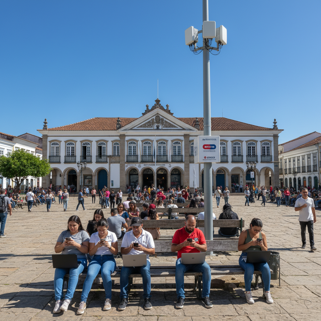 Pessoas em praça pública brasileira usando celulares perto de um poste com antena de wi-fi público em dia ensolarado.